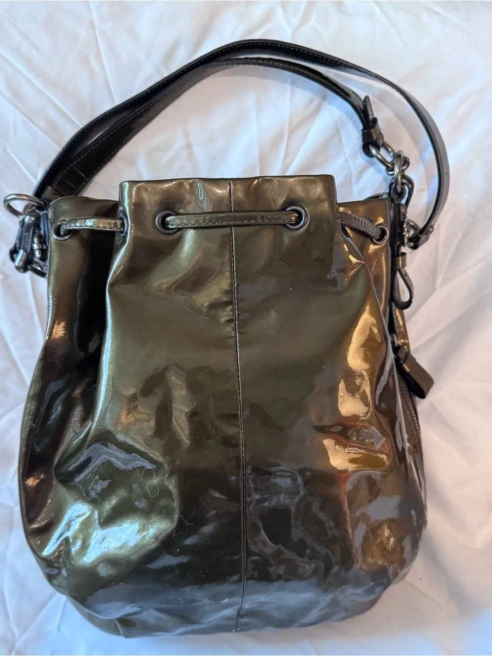 Coach Madison Marielle Drawstring Bucket Bag Gunmetal Olive Patent Leather Purse
